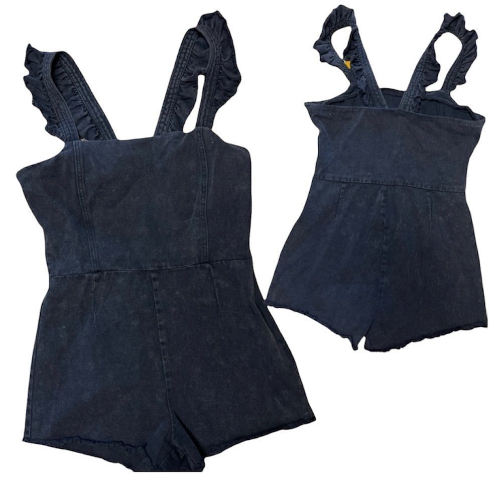 HONEY Punch Black Denim Ruffle Jumper Shorts Onesie Size Lg Retail $68 - Picture 3 of 8